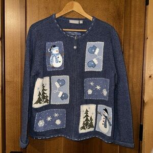 Croft Barrow Women’s Holiday Cardigan Sweater L Blue Snowflake Snowman Christmas